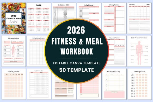 Download 2026 Meal &amp; Fitness Workbook KDP Canva - Kdp canva Collection